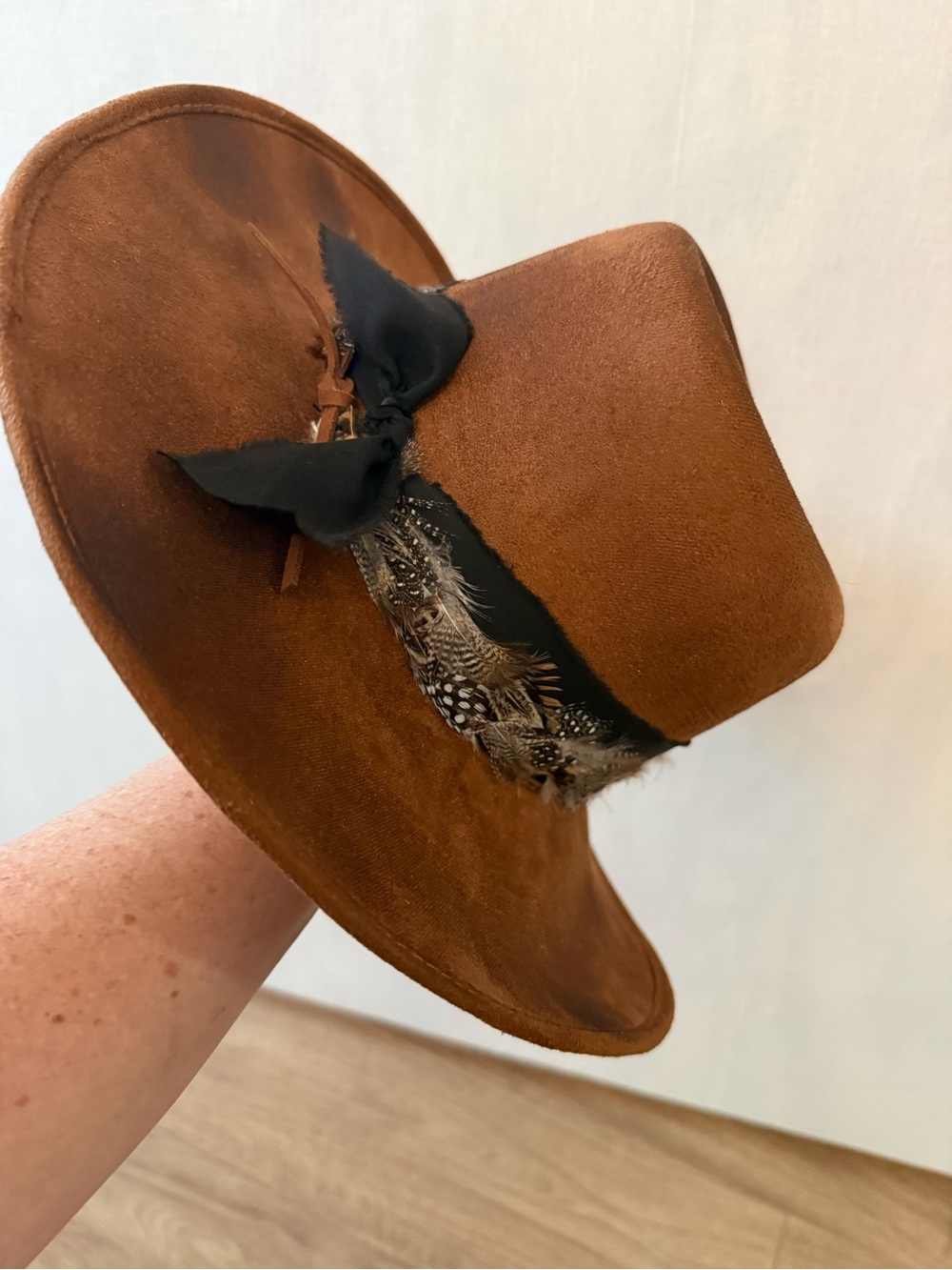 Artisan Chestnut Suede Wide-Brim Fedora with Feather Trim